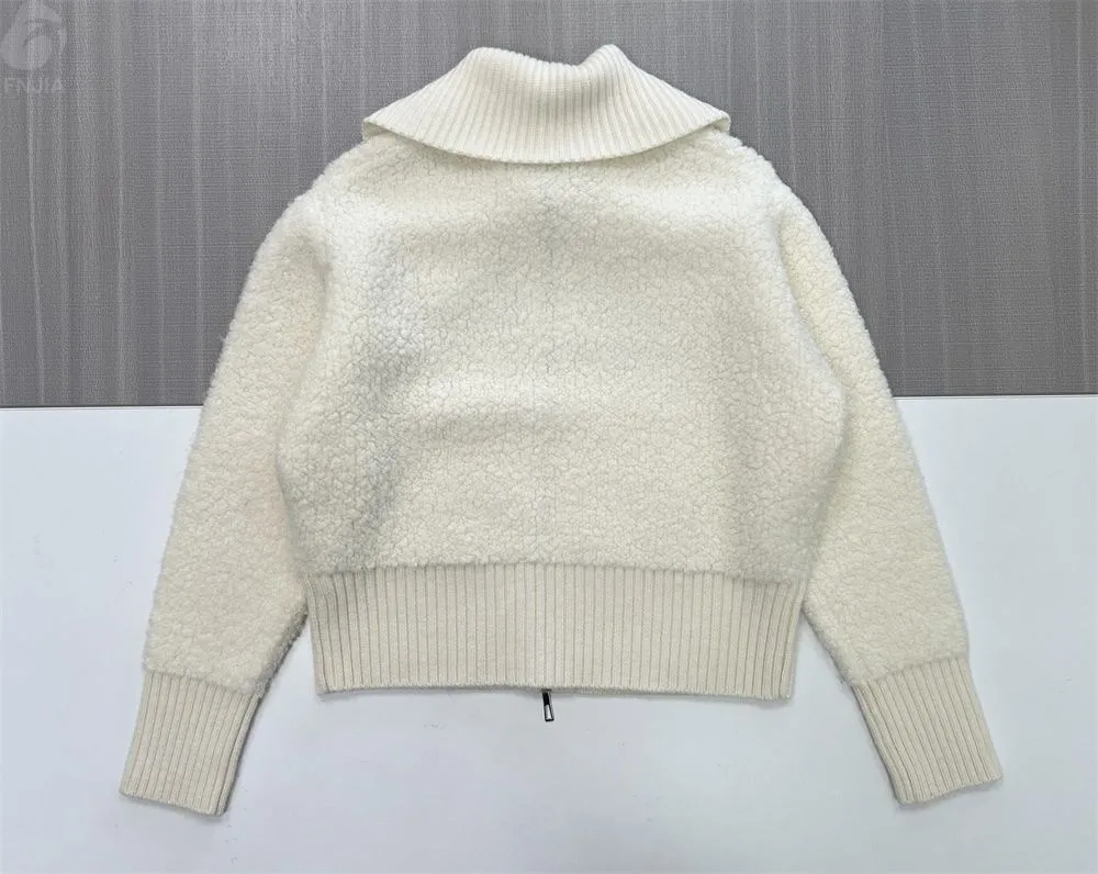 Women's Ivory Sherpa-Knit Cropped Jacket with Wide Collar & Full Zip