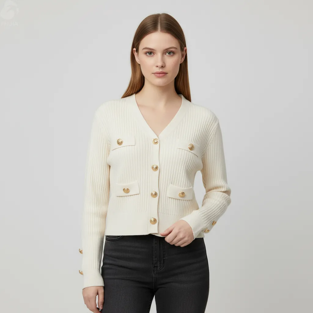Women's Ivory Rib-Knit Cropped Cardigan with Gold Embellished Buttons & Pockets
