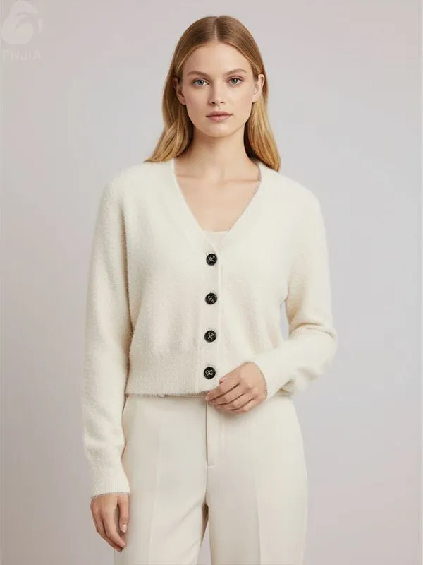Women's Cream Fuzzy V-Neck Cropped Knit Cardigan - Custom Luxe Minimalist Apparel