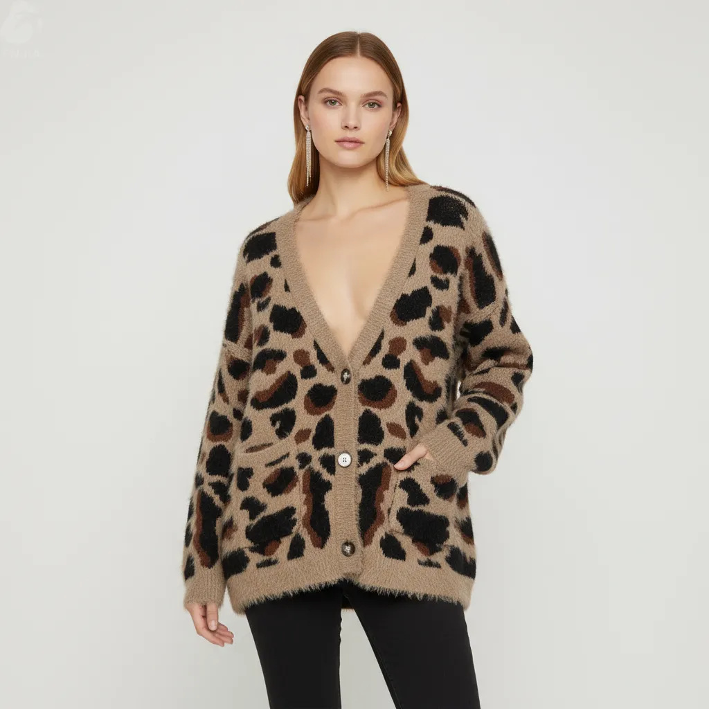 Women's Leopard Print Fuzzy V-Neck Cardigan - Custom Bold Casual Statement Apparel