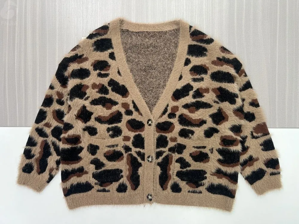 Women's Leopard Print Shaggy Knit V-Neck Cardigan with Pockets