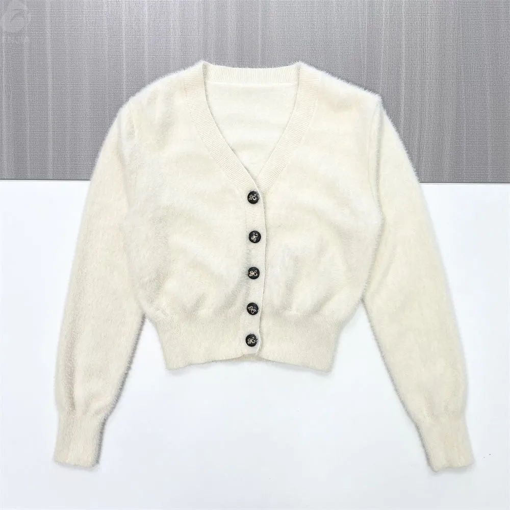 Women's Cream Fuzzy V-Neck Cropped Knit Cardigan - Custom Luxe Minimalist Apparel