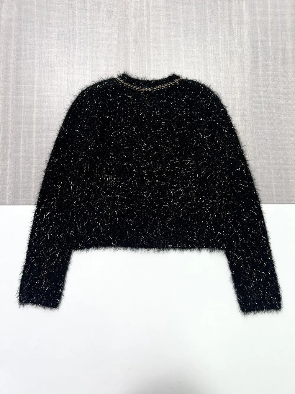 Women's Black Shaggy Knit Cropped Cardigan with Gold Button & Trim Details