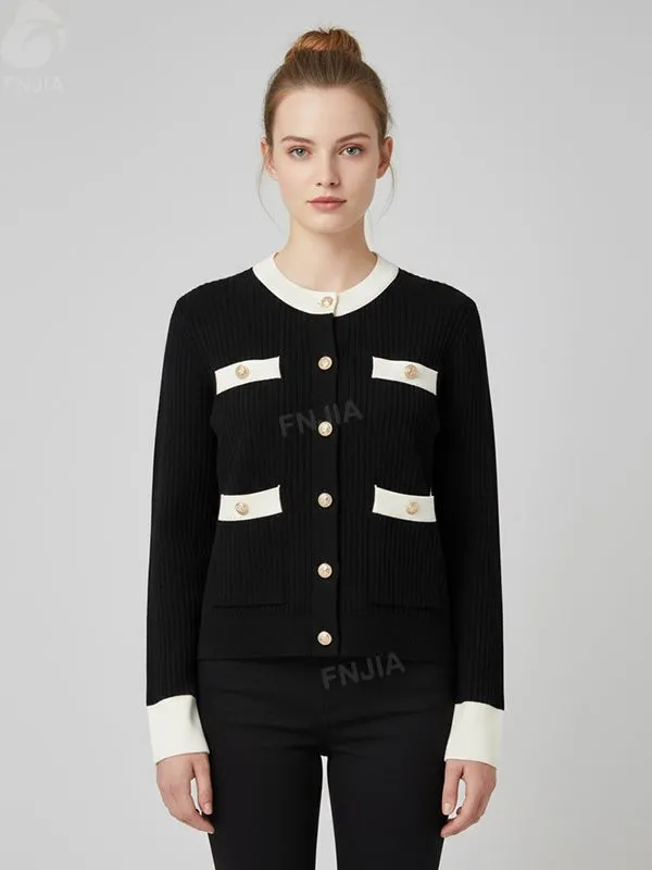 Women's Black & Cream Contrast Trim Rib-Knit Cardigan (Chanel-Style) - Custom Elegant Smart-Casual Apparel