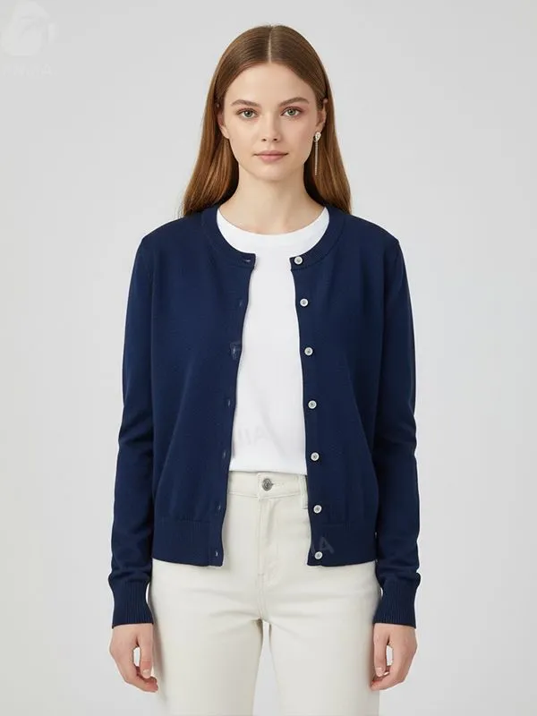 Women's Navy Round-Neck Knit Cardigan - Custom Timeless Minimalist Apparel