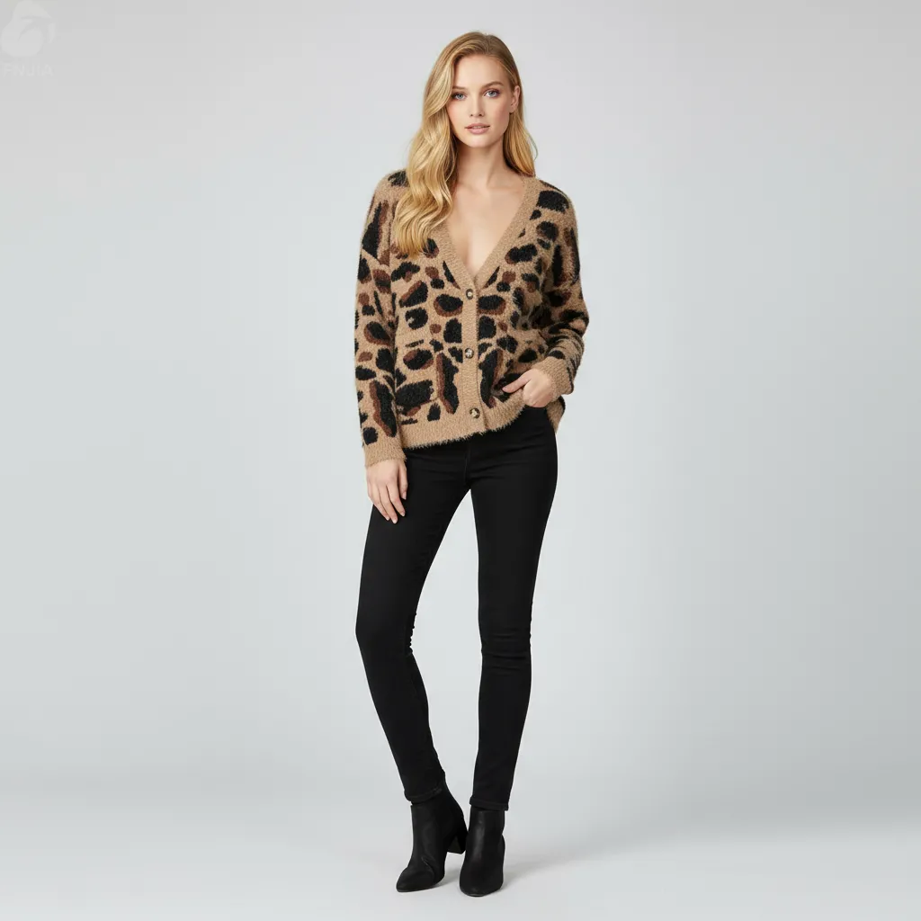 Women's Leopard Print Shaggy Knit V-Neck Cardigan with Pockets