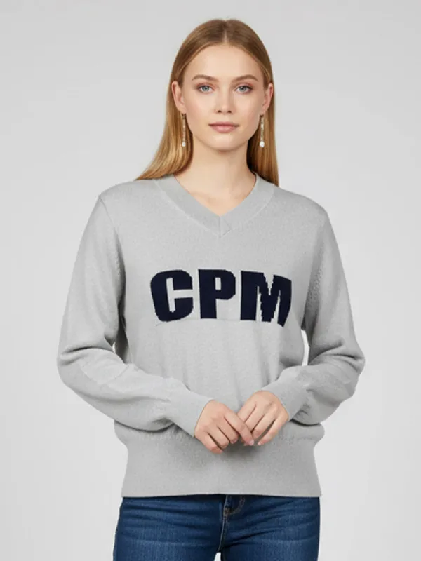 Women's Light Gray V-Neck Branded Long-Sleeve Sweater - Custom Logo-Embellished Casual Apparel
