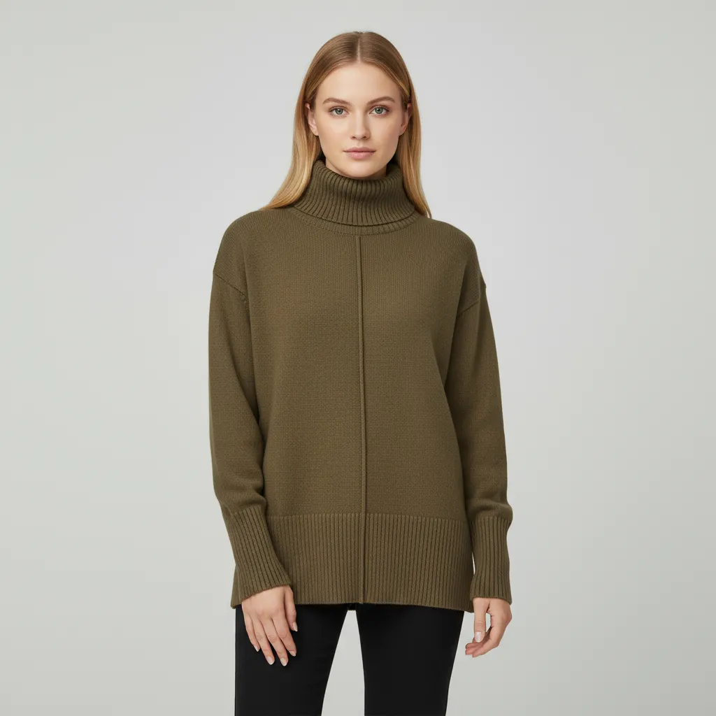 Women's Olive Green Oversized Turtleneck Sweater with Center Seam - Custom Modern Casual Apparel