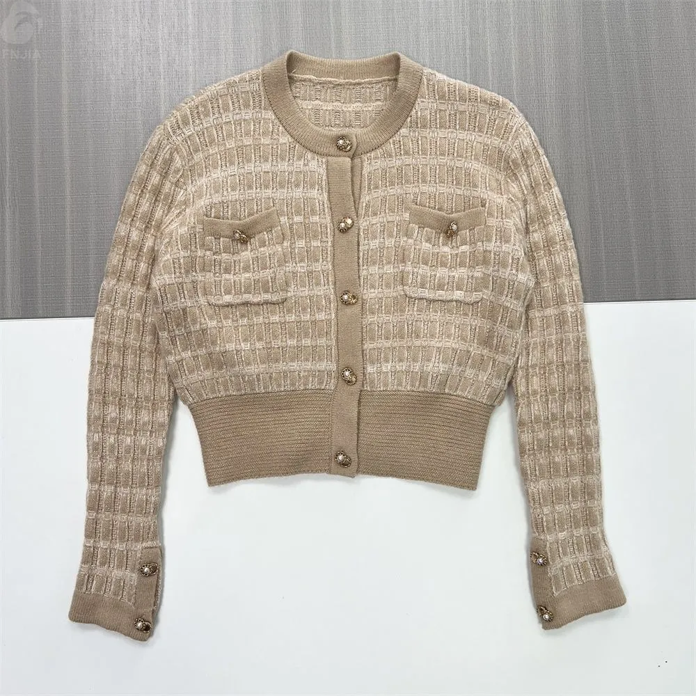Women's Beige Tweed Check Cropped Knit Cardigan (Chanel-Style) - Custom Elegant Smart-Casual Apparel