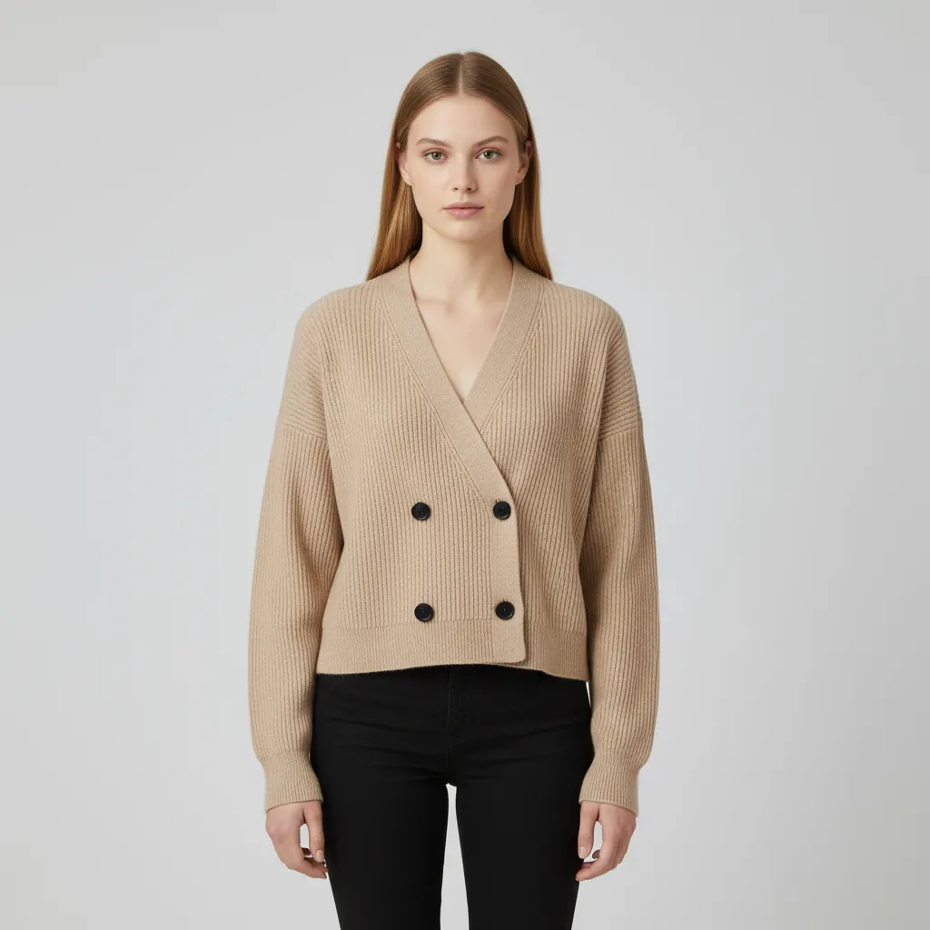 Women's Beige Ribbed Wrap-Front Double-Breasted Cardigan - Custom Polished Casual Apparel