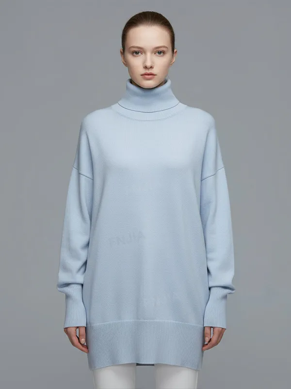 Women's Light Blue Oversized Turtleneck Sweater Dress - Custom Minimalist Casual Apparel