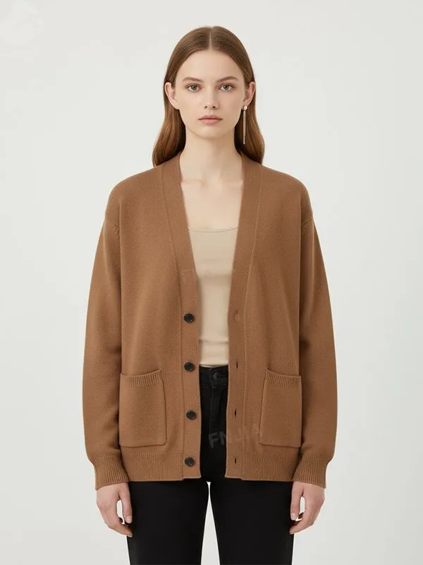 Women's Camel Oversized V-Neck Knit Cardigan with Pockets - Custom Minimalist Everyday Apparel