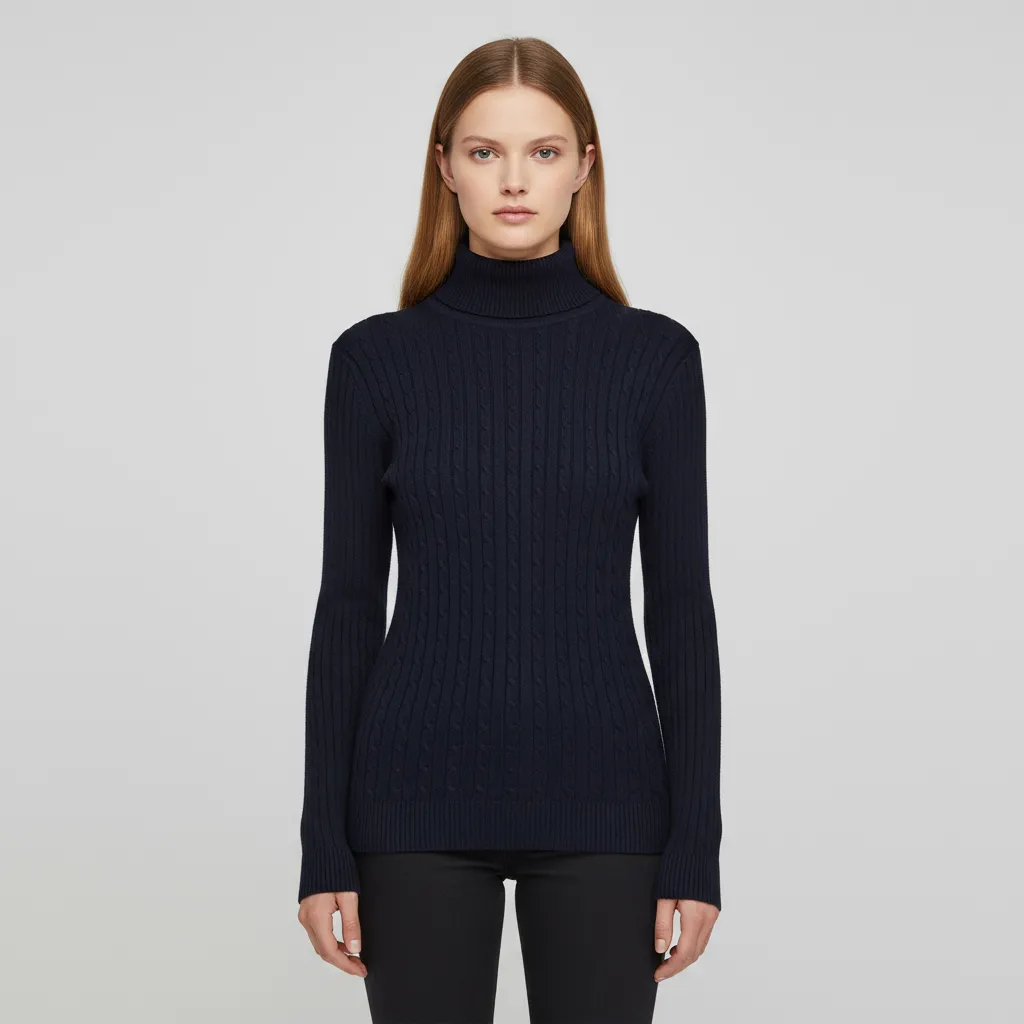 Women's Navy Ribbed Cable-Knit Turtleneck Slim-Fit Sweater - Custom Classic Casual Apparel