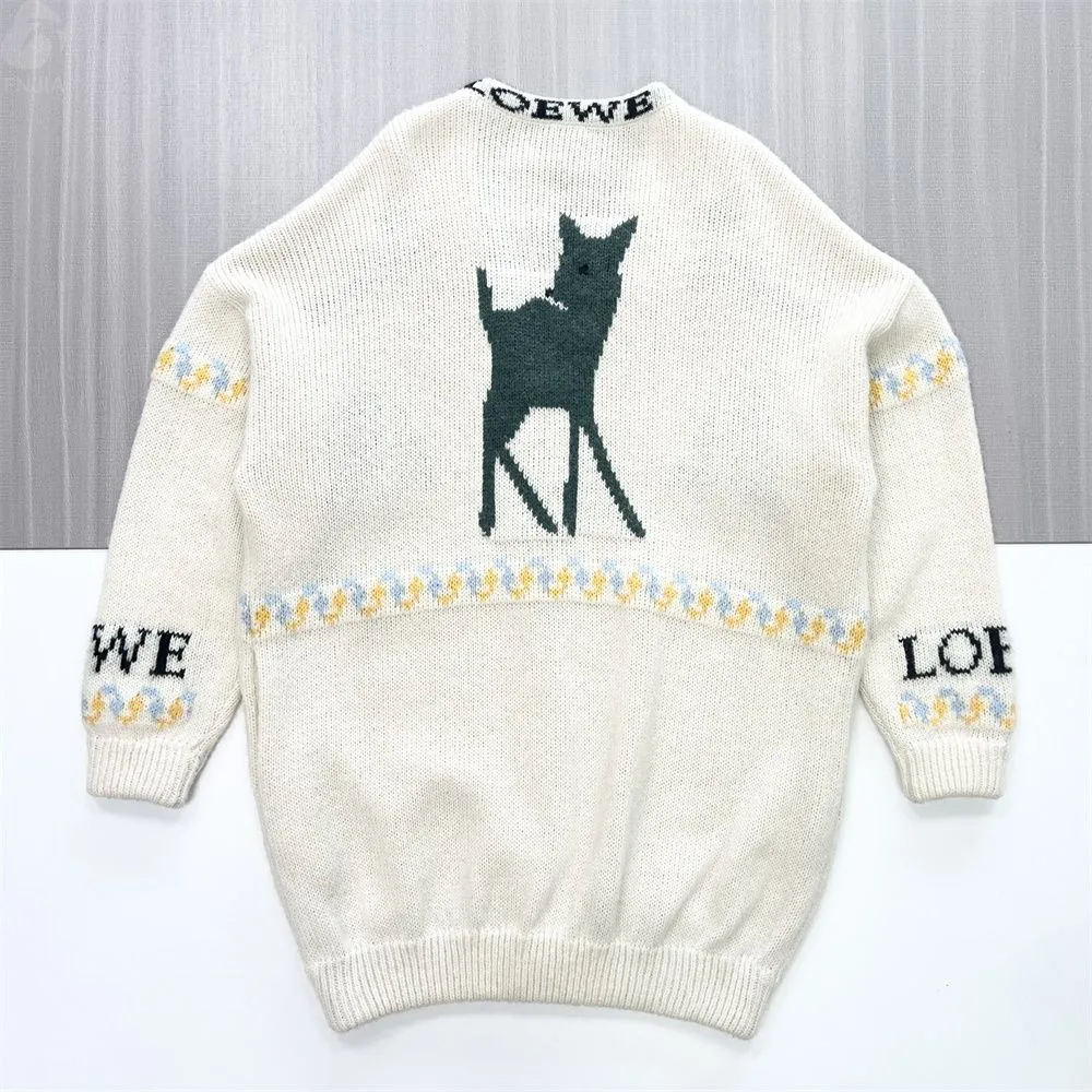 Women's Cream Knit Cardigan with Deer & Logo Intarsia - Custom Whimsical Statement Apparel