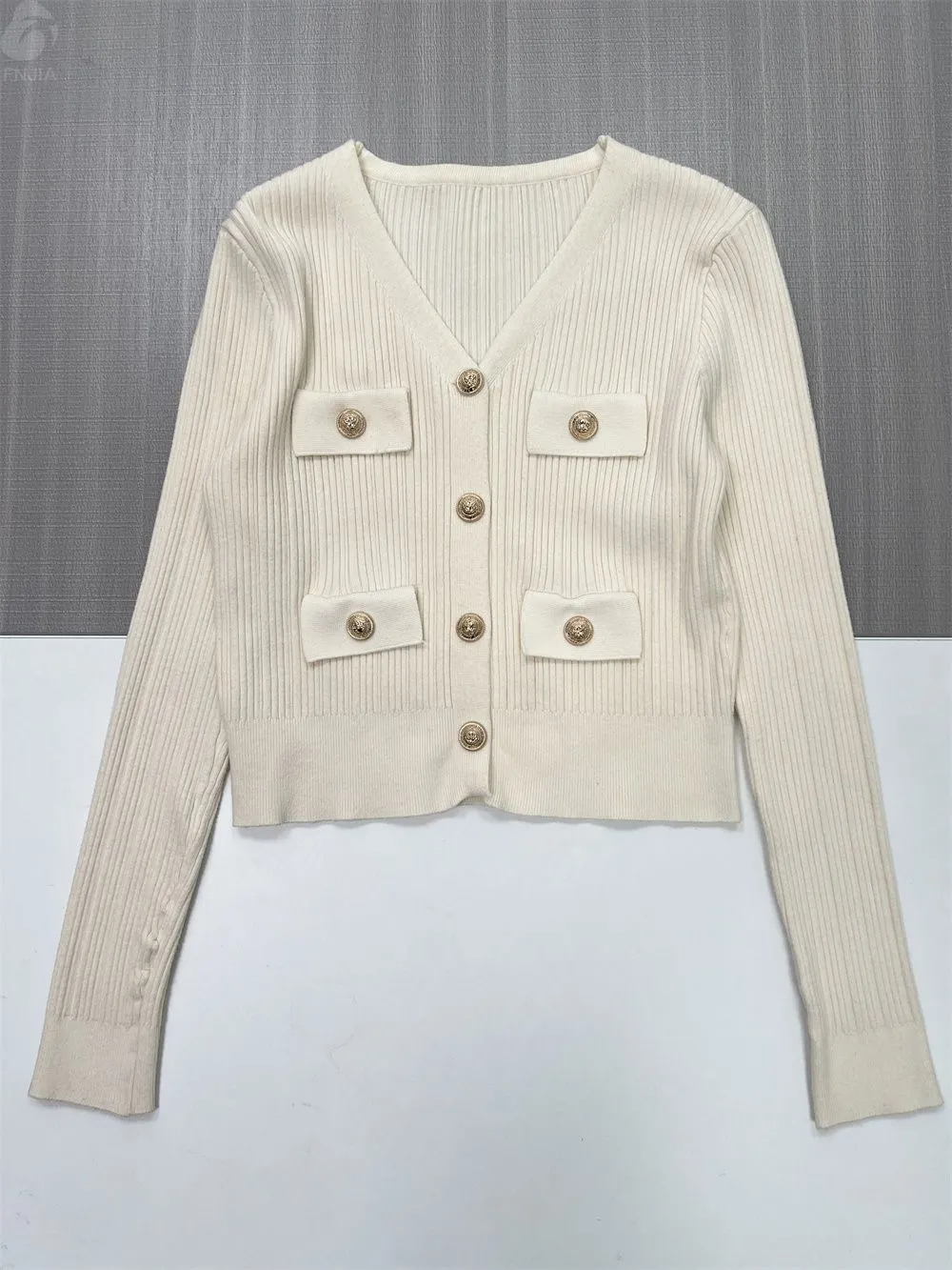 Women's Ivory Rib-Knit Cropped Cardigan with Gold Embellished Buttons & Pockets