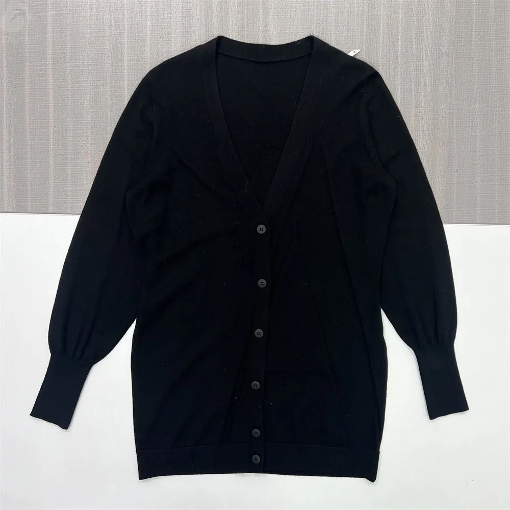 Women's Black Oversized V-Neck Knit Cardigan with Puff Sleeves - Custom Minimalist Versatile Apparel
