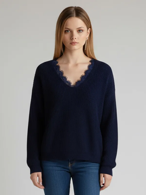Women's Navy Ribbed V-Neck Sweater with Lace Trim - Custom Feminine Casual Apparel
