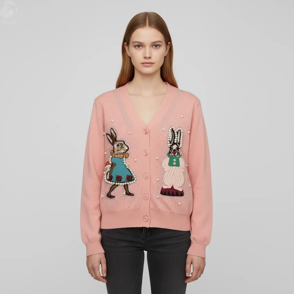 Women's Blush Pink Knit Cardigan with Bunny Embroidery & Pearl Accents - Custom Whimsical Statement Apparel