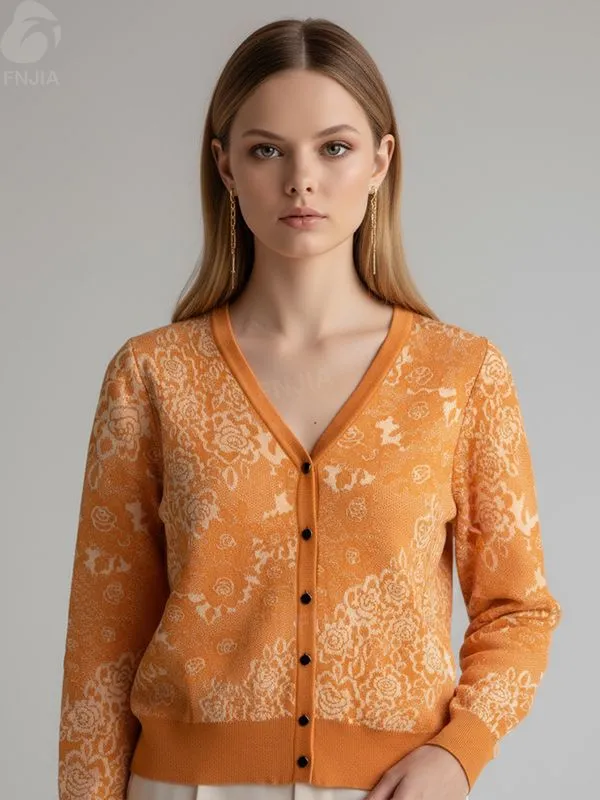 Women's Orange Floral Lace-Knit V-Neck Cardigan - Custom Romantic Elegant Apparel