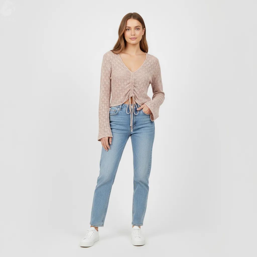 Women's Blush Lace-Knit Ruched Cropped Cardigan - Custom Romantic Casual Apparel