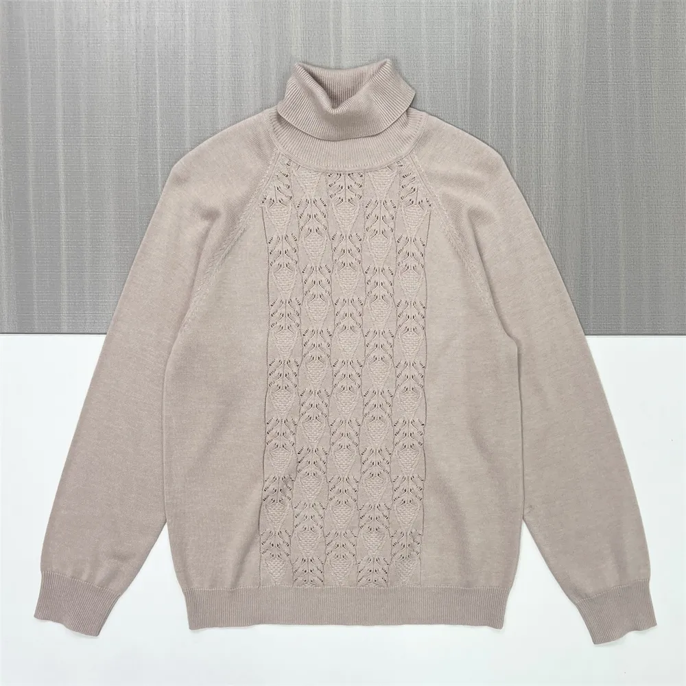 Women's Beige Turtleneck Sweater with Cable Knit & Openwork Detail - Custom Elegant Casual Apparel