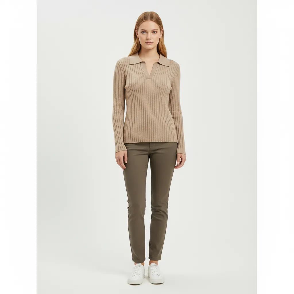 Women's Beige Ribbed Polo Collar Long-Sleeve Knit Top - Custom Form-Fitting Smart-Casual Apparel