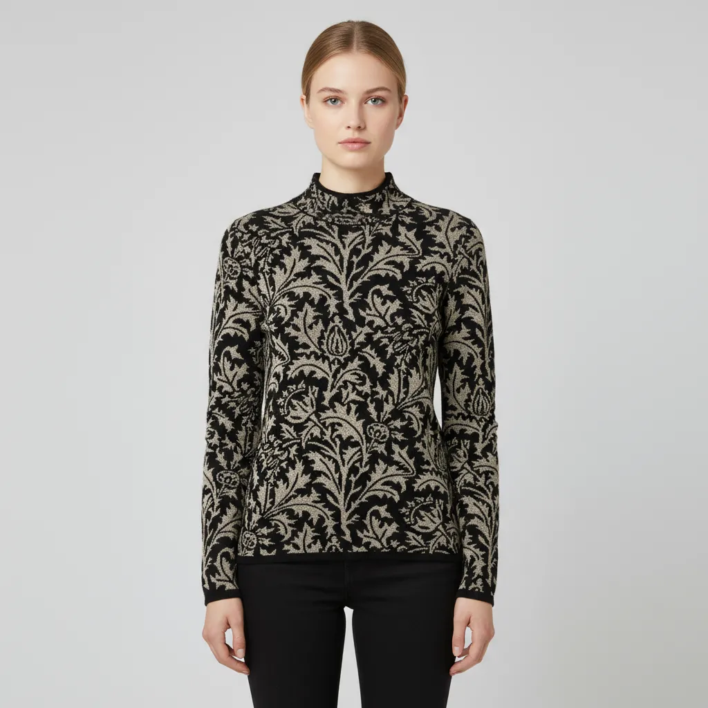 Women's Black & Beige Turtleneck Sweater with Floral-Vine Pattern - Custom Elegant Statement Apparel