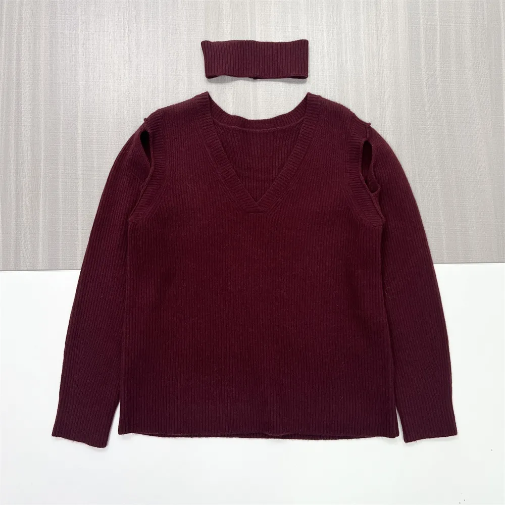 Women's Burgundy Ribbed Cold-Shoulder Sweater with Detachable Choker - Custom Stylish Casual Apparel