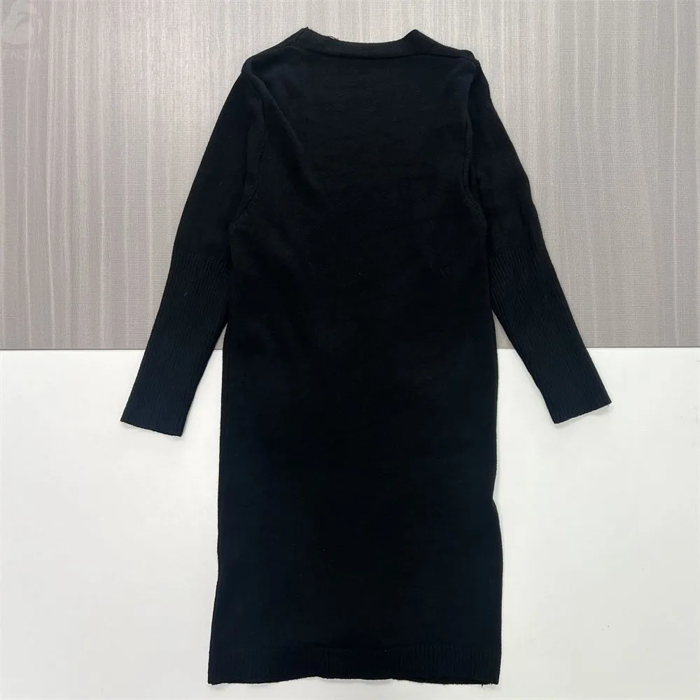Women's Black Longline Open-Front Knit Cardigan with Pockets - Custom Minimalist Versatile Outerwear