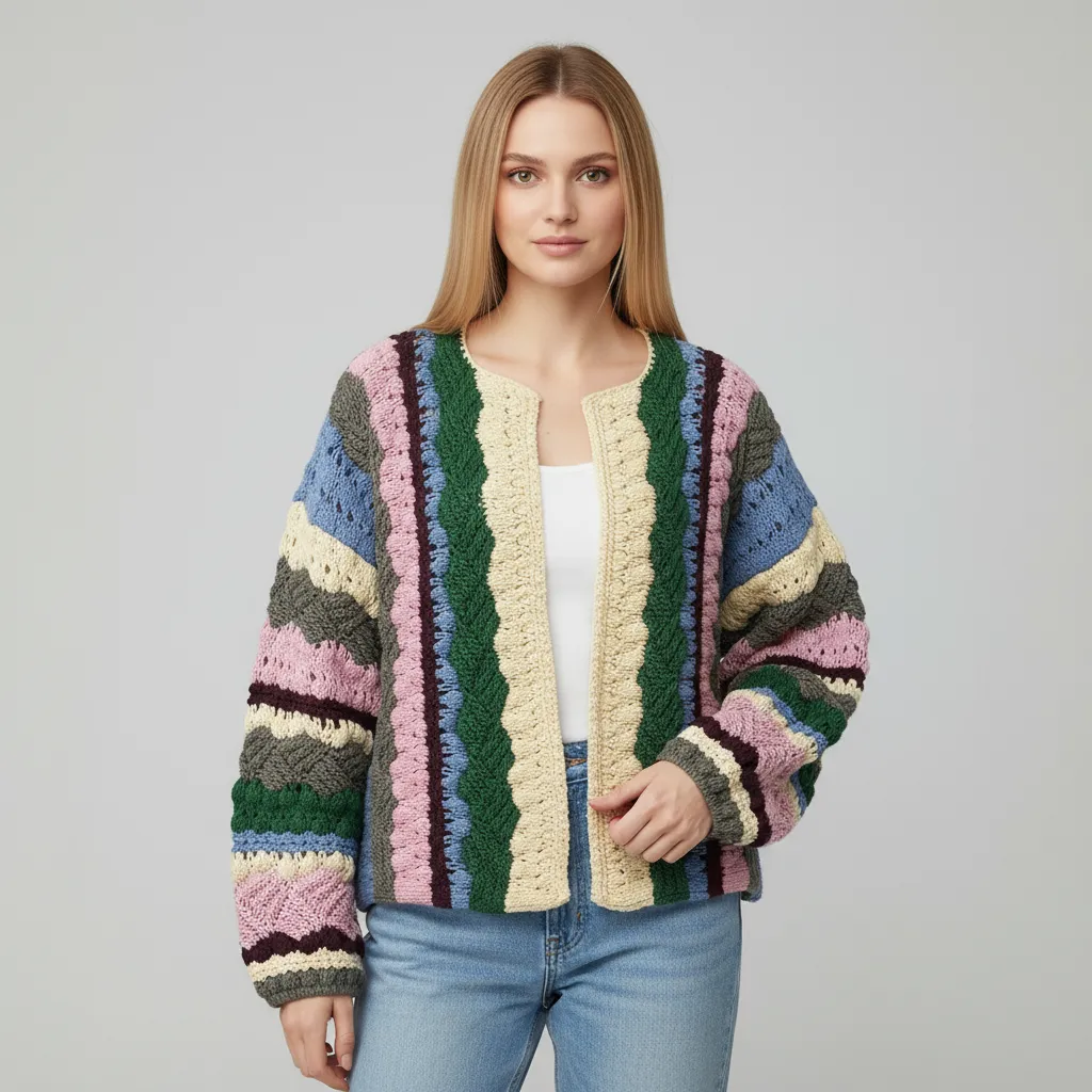 Women's Multi-Color Crochet Striped Cardigan - Custom Bohemian Playful Casual Apparel