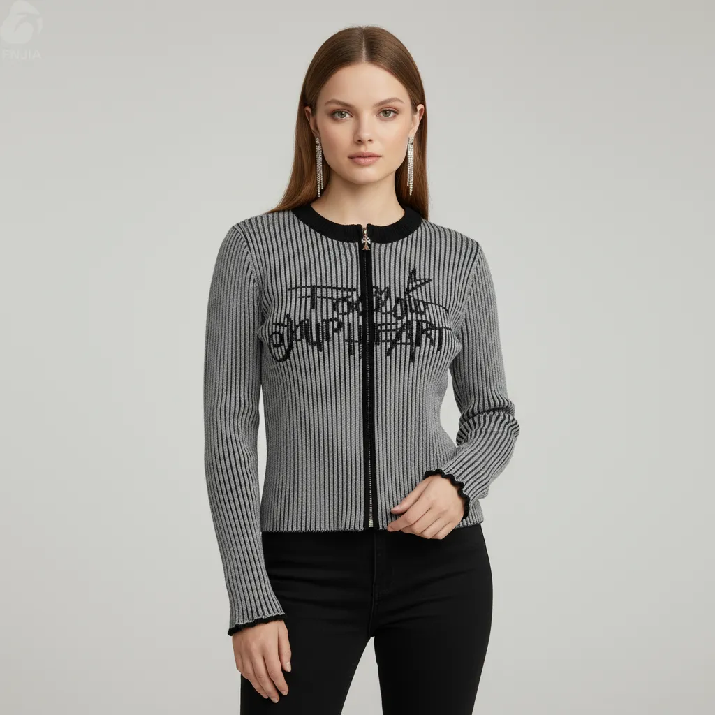 Women's Black & Grey Striped Zip-Up Knit Cardigan with Graphic Print - Custom Edgy Casual Apparel
