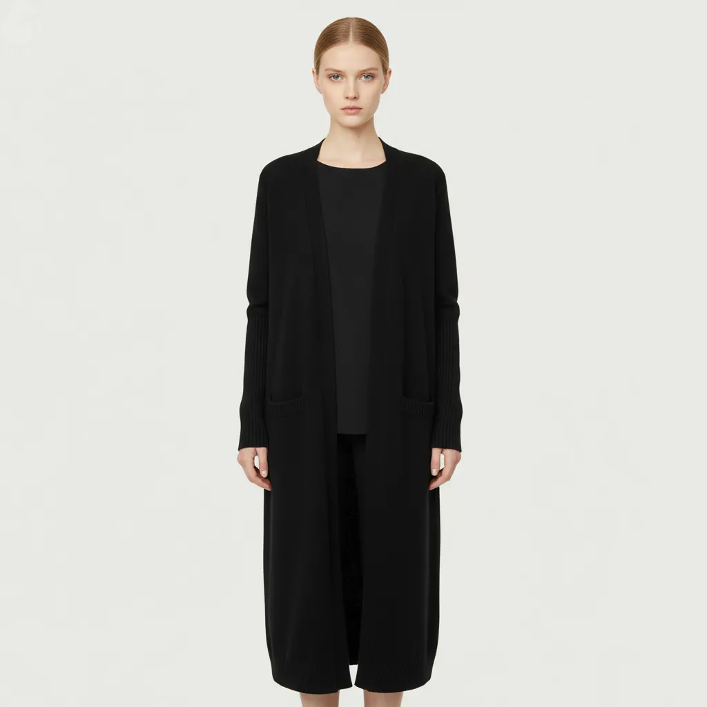 Women's Black Longline Open-Front Knit Cardigan with Pockets - Custom Minimalist Versatile Outerwear