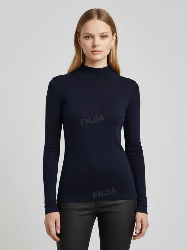 Women's Navy Ribbed Turtleneck Slim-Fit Sweater - Custom Versatile Basic Apparel