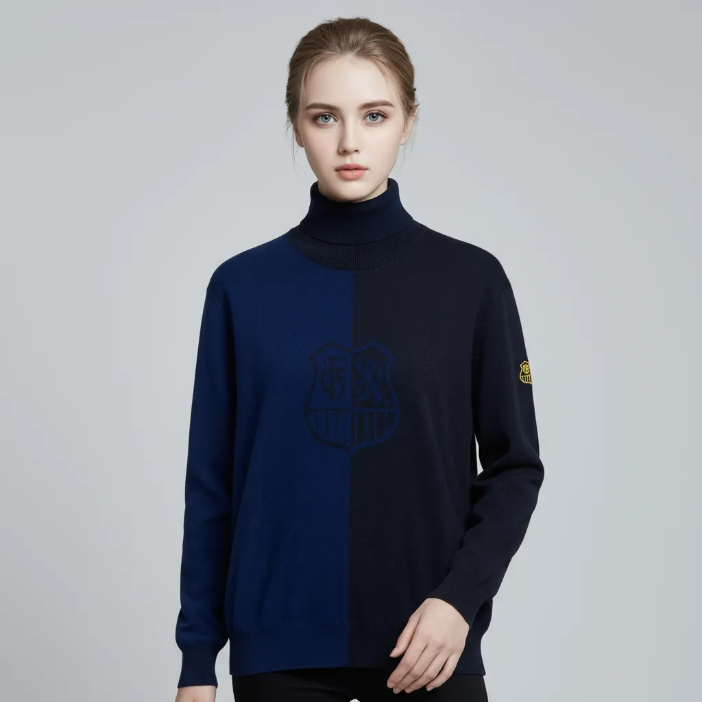 Women's Two-Tone Navy Split Turtleneck Sweater with Custom Emblem - Branded Statement Apparel