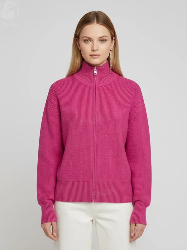 Women's Fuchsia Rib-Knit Turtleneck Zip-Up Cardigan - Custom Bold Modern Apparel