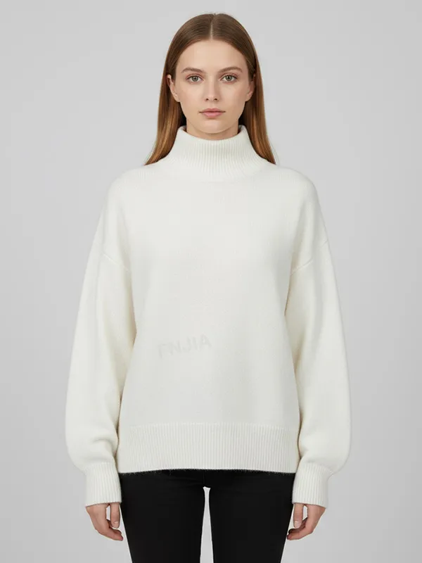Women's Ivory Oversized Turtleneck Sweater with Puff Sleeves - Custom Cozy Casual Apparel