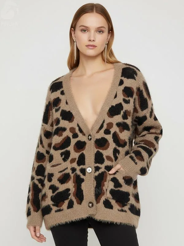 Women's Leopard Print Fuzzy V-Neck Cardigan - Custom Bold Casual Statement Apparel