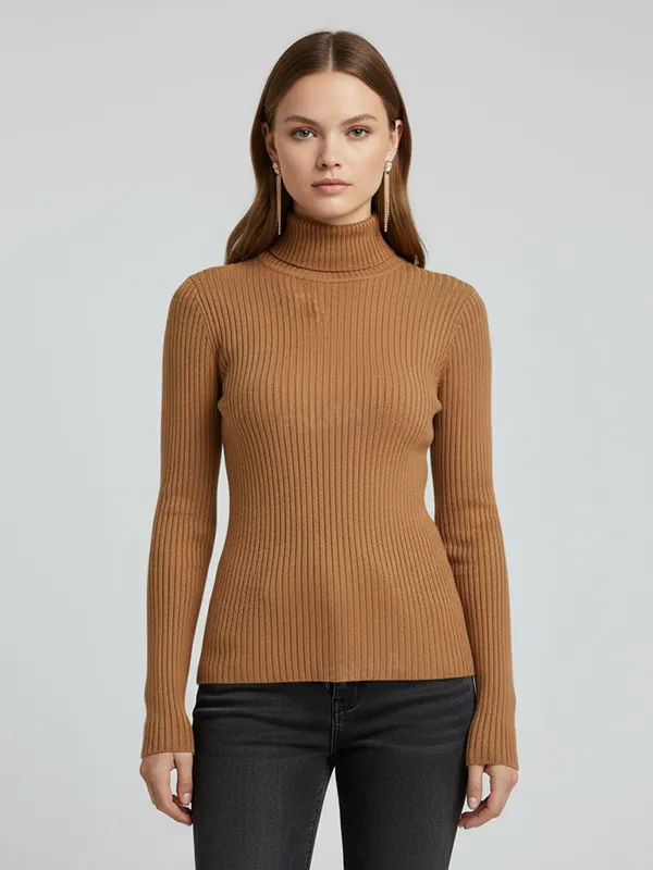 Women's Camel Ribbed Turtleneck Slim-Fit Sweater - Custom Timeless Basic Apparel