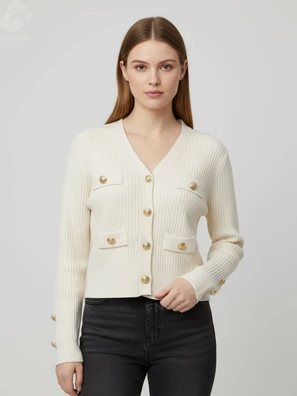 Women's Ivory Rib-Knit Cropped Cardigan with Gold Embellished Buttons & Pockets