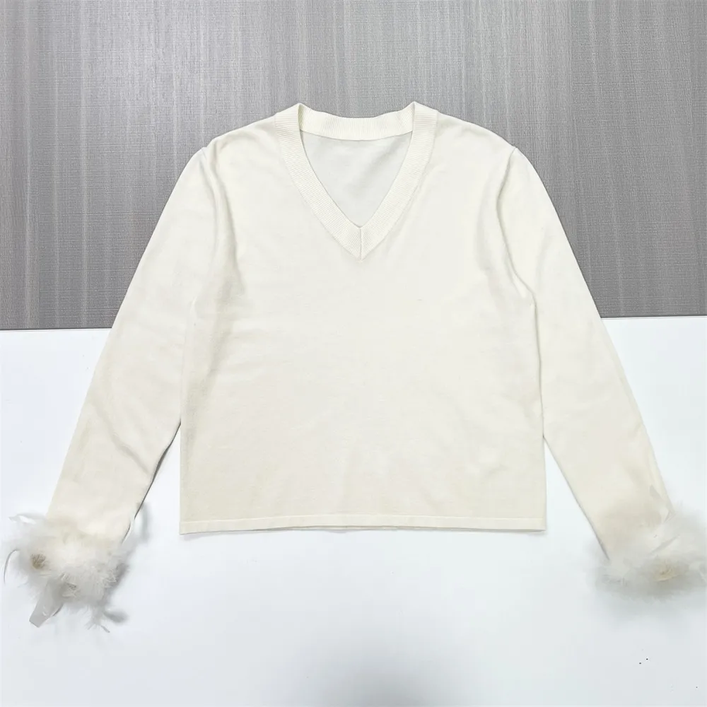 Women's Ivory V-Neck Sweater with Feather Cuff Detail - Custom Elegant Casual Apparel