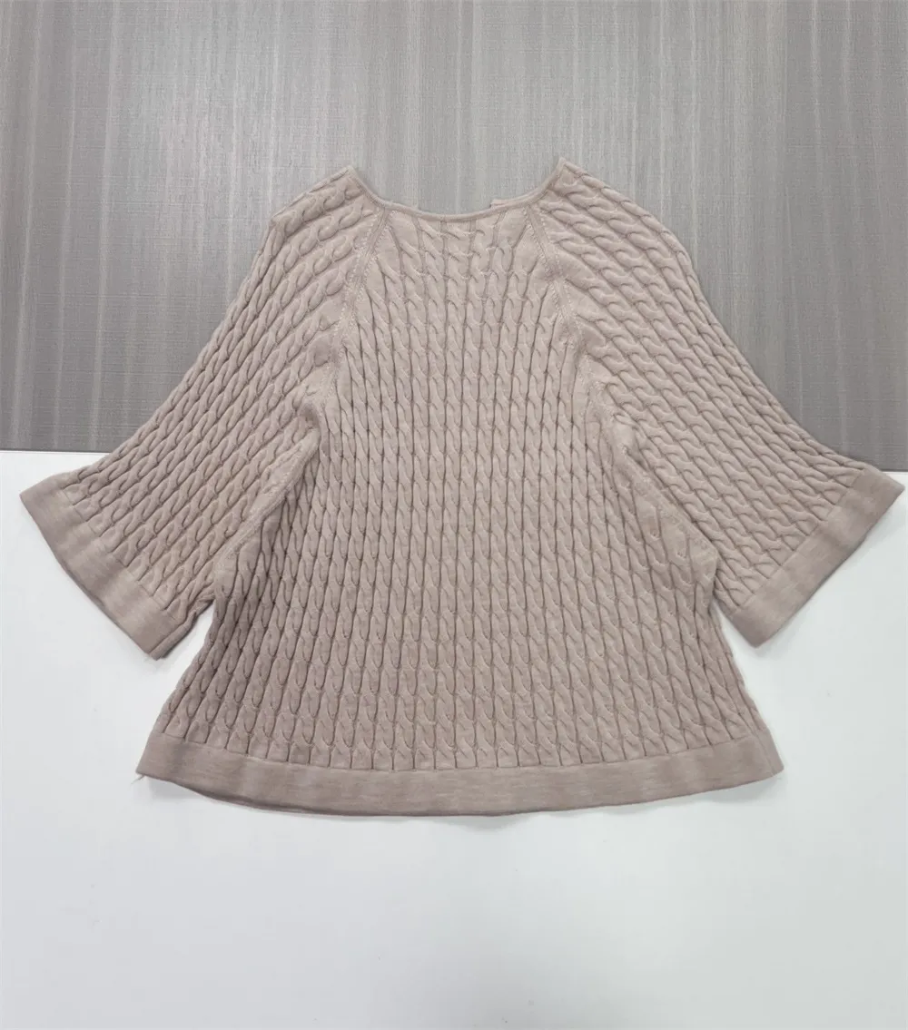 Women's Beige Cable-Knit V-Neck Bell-Sleeve Sweater - Custom Elegant Casual Apparel
