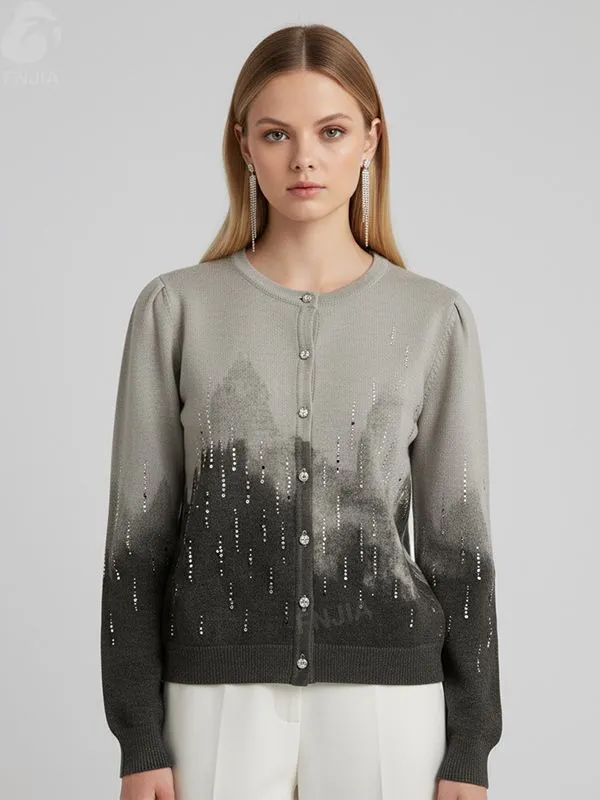 Women's Grey Ombre Sequin-Embellished Knit Cardigan with Crystal Buttons