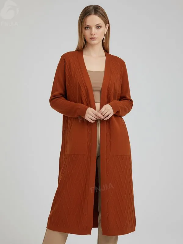 Women's Terracotta Chevron-Knit Longline Open-Front Cardigan with Pockets - Custom Versatile Casual Outerwear