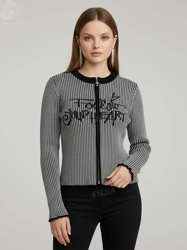 Women's Black & Grey Striped Zip-Up Knit Cardigan with Graphic Print - Custom Edgy Casual Apparel