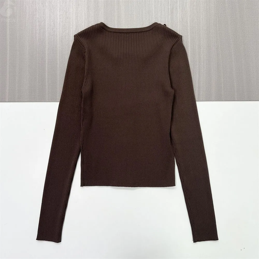Women's Chocolate Rib-Knit Cold-Shoulder Zip-Up Cardigan - Custom Edgy Fashion-Forward Apparel