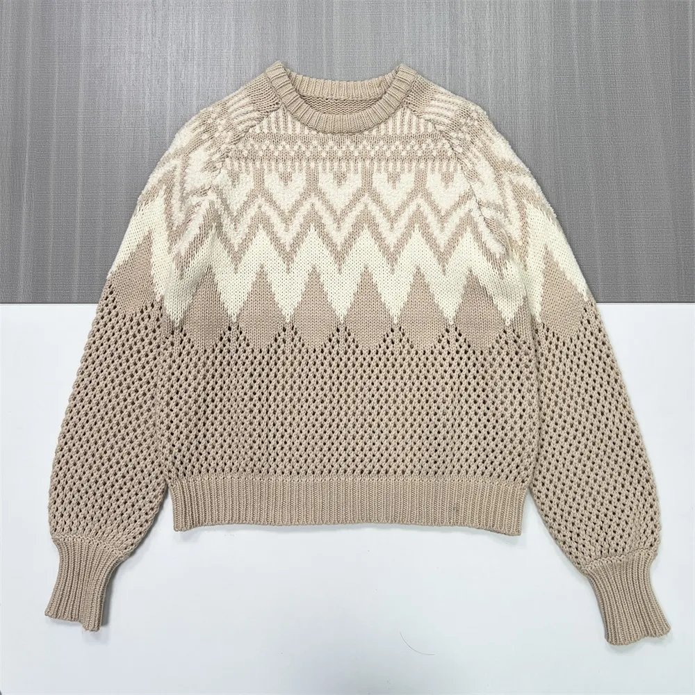 Women's Beige & Ivory Fair Isle Knit Sweater with Openwork Detail - Custom Bohemian Casual Apparel