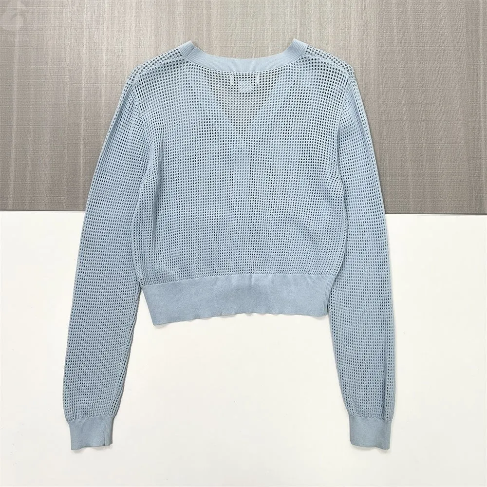 Women's Light Blue Open-Knit Cropped V-Neck Cardigan