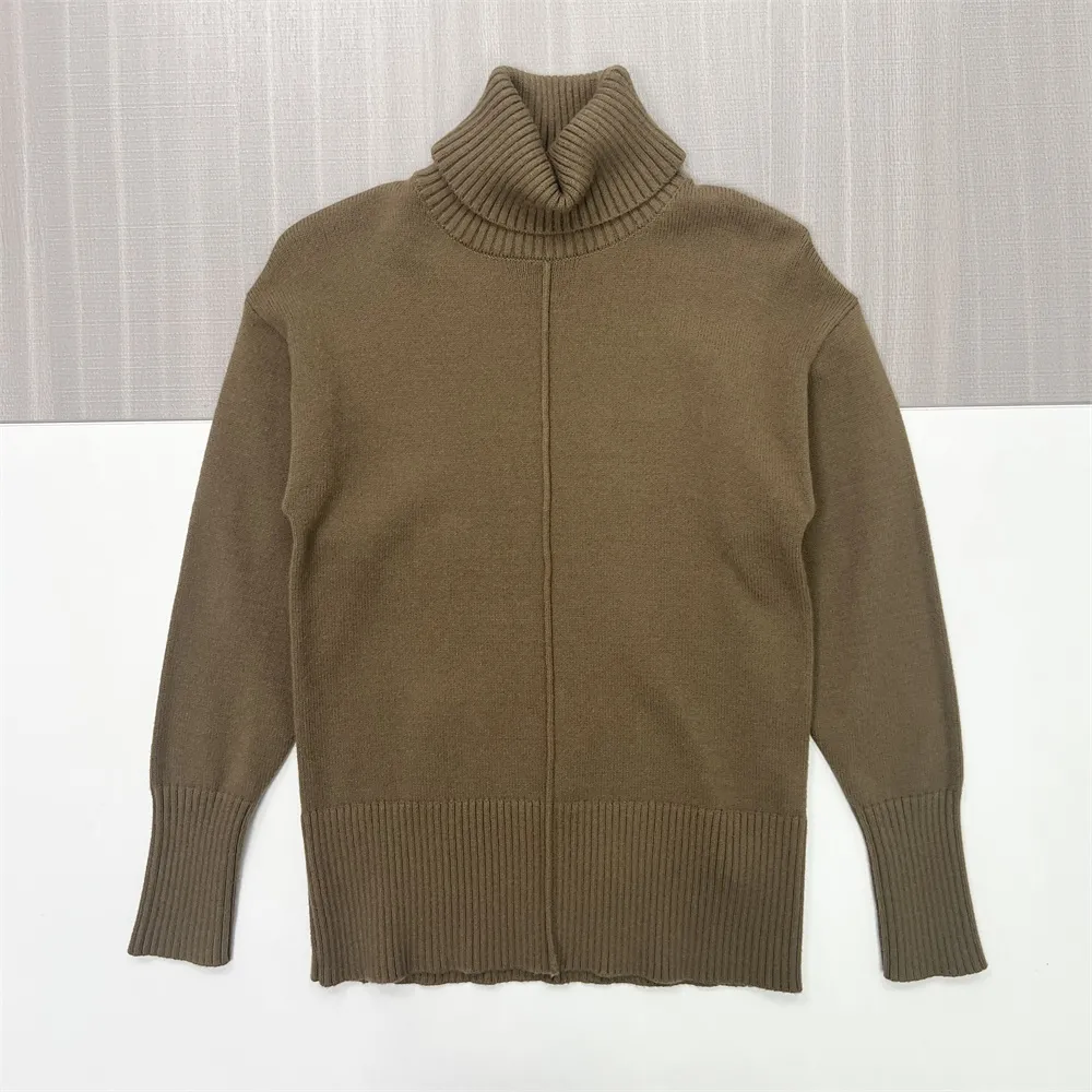 Women's Olive Green Oversized Turtleneck Sweater with Center Seam - Custom Modern Casual Apparel