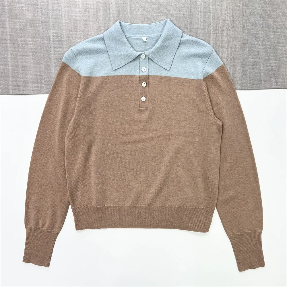 Women's Two-Tone Polo Collar Long-Sleeve Knit Top - Custom Refined Casual Apparel