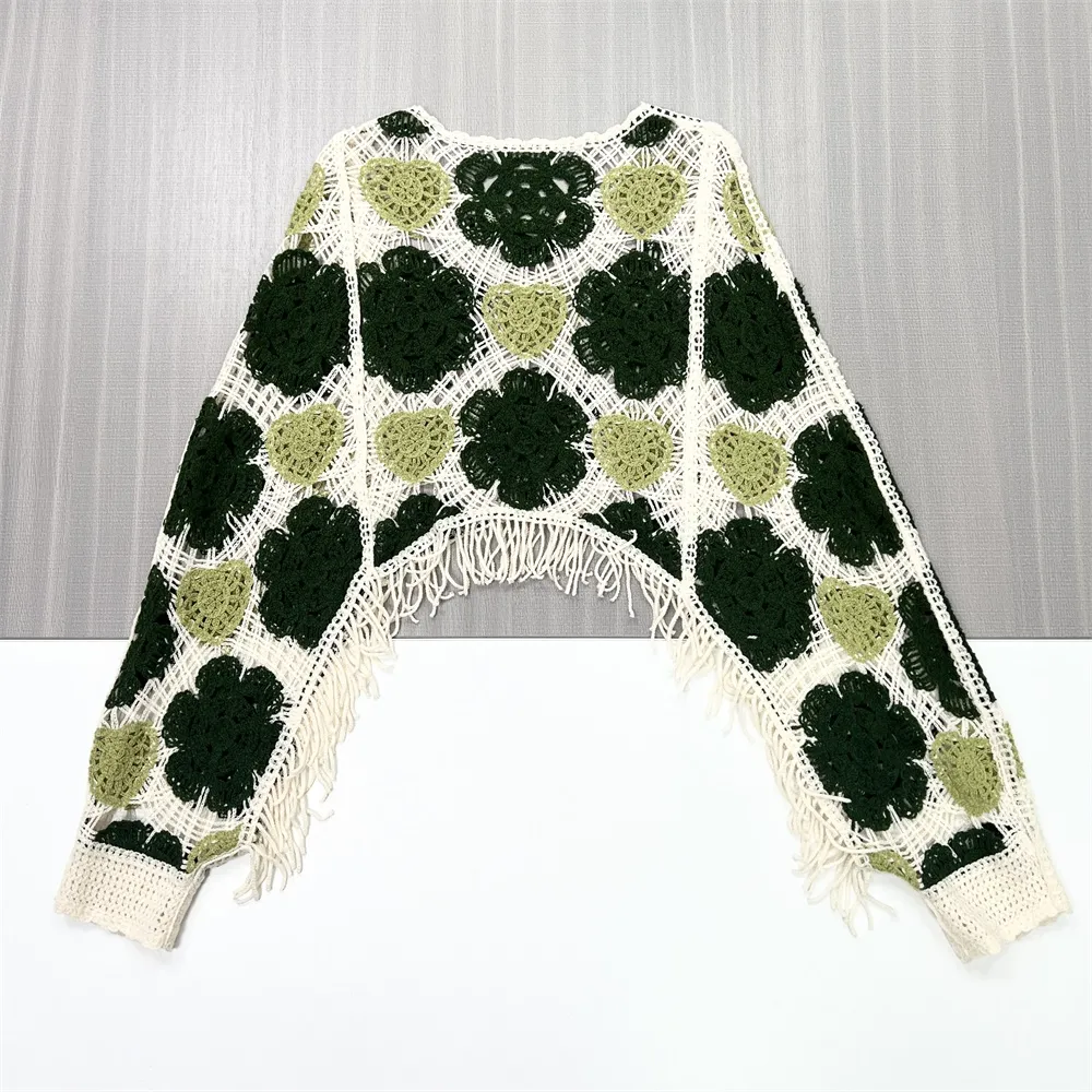 Women's Green & Ivory Crochet Floral Fringe Sweater - Custom Bohemian Fashion-Casual Apparel